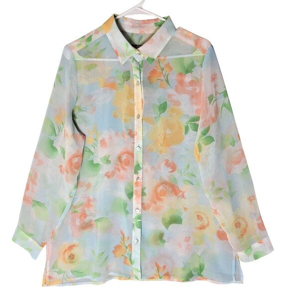 J.Jill Sheer Floral Button Front Blouse Womens M Colorful Long Sleeves Spring - Picture 1 of 13